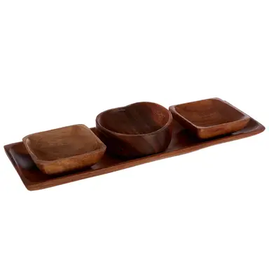 Maison by Premier Practical Acacia 3PC Serving Dish Set With Tray, Decorative Hand Carved Design Wooden Serving Dish