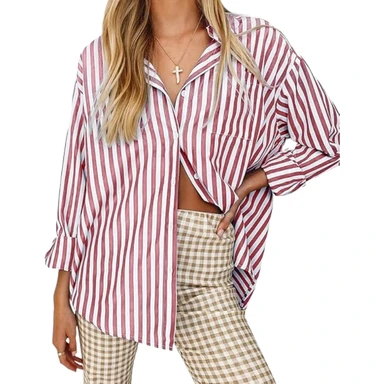 Women's Blouses Striped Long Sleeve Shirts Button Down Loose Fit Casual Tops (red, M)