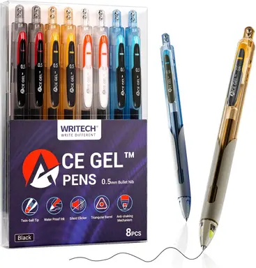Stylos à gel WRITECH Fine Point : pointe fine 0.5 mm, encre noire, 8 pièces, volume important, clic silencieux, poignée souple, séchage rapide, écriture fluide, prise de notes, sans transparence ni tache, gel ACE