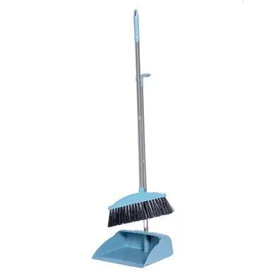 Blauwe stofzuiger en bezem met 75cm ijzeren steel, 26cm brede pan, TPR rand, 75mm borstels