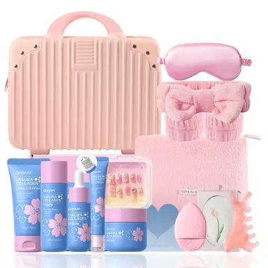 QUIYUM Sakura Collagen Skincare Set (13pcs): Includes Cleanser 50g, Toner 120ml, Serum 30ml, Eye Cream 20g, Cream 50g, plus Nail Stickers, Headband, Towel, Makeup Bag, Eye Mask, Massage Comb, Face Sponge, and a 14-inch Pink Travel Case.