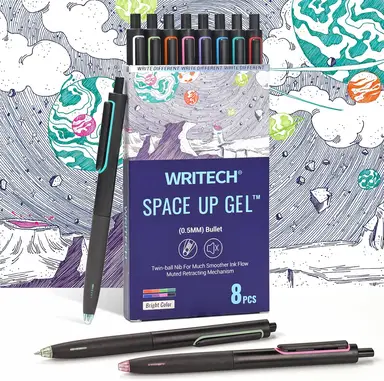 Stylos à encre gélatineuse rétractables WRITECH : point fin 0,5 mm, multicolore, sans tache ni bavure pour journal intime, croquis, dessin, écriture extra douce, ne traverse pas, clic silencieux, coffret de 8 stylos - Couleurs assorties