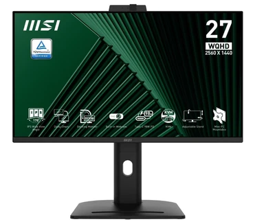 MSI PRO MP275QPDGDE 27" Monitor - WQHD (2K), IPS, 100 Hz, integrierte 1080p-Webcam und Mikrofon, USB-C (65 W PD), RJ45-LAN, höhenverstellbar, HDR-ready