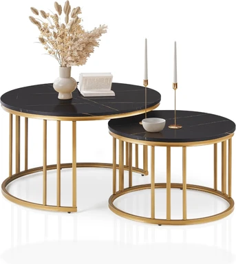 CLIPOP Set of 2 Nesting Coffee Table for Living Room, Modern Stackable Round Side Table with Golden Metal Frame Marble Effect Tabletop, Sofa Table for Small Space, Black 80 x 80 x 45cm
