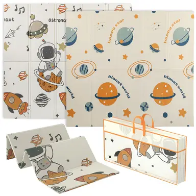 AIYAPLAY Baby Play Mat Double Sided, Foldable & Reversible Activity Playmat, Waterproof Kids Foam Crawling Mat for Outdoor Indoor Playtime Picnics, 196 x 176 x 1.5cm, Astronaut & Planet Theme