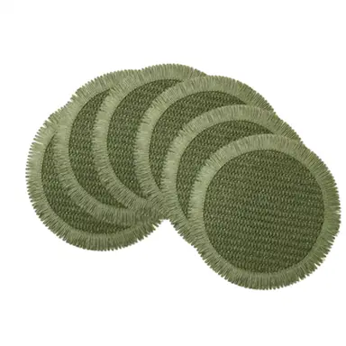 Lot de 6 Sets de Table Ronds en Papier Naturel Bohème avec Franges - Vert Papyrus + Pompon Papyrus, Ø38cm, Décoration de Table Champêtre pour Intérieur et Extérieur, Lavage à la Main, Style Texturé