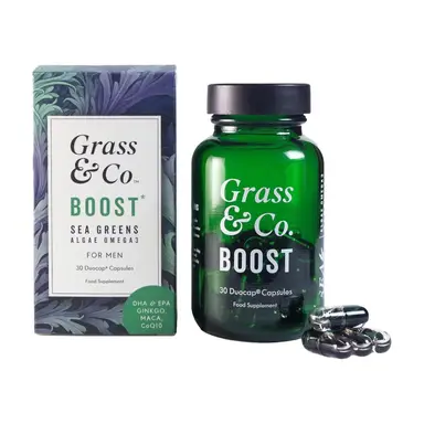 Grass & Co. BOOST Sea Greens Vegan Omega 3 Capsules with DHA EPA Chlorella Spirulina Ginkgo Biloba Maca CoQ10 Selenium Zinc Iron B6 for Men 30 Duocap Capsules