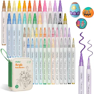 Ohuhu 48 Pcs Acrylic Paint Pens - Double Pack of Fine Tip & Reversible Tips (Chisel & Round) 24 Colors Acrylic Markers