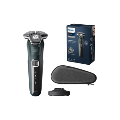 Philips Series 5000 S5887/35 Rasoir électrique avec lames SteelPrecision, capteur Power Adapt, têtes flexibles 360°, tondeuse rétractable, socle de charge - Noir