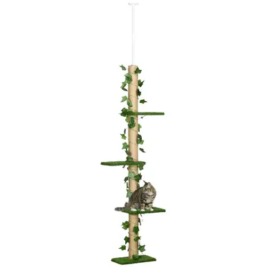 PawHut Arbre à chat du sol au plafond poteau à griffer fixation plafond hauteur réglable 37 x 21 x 202- 242 cm 4 niveaux - gazon et feuilles artificiels vert