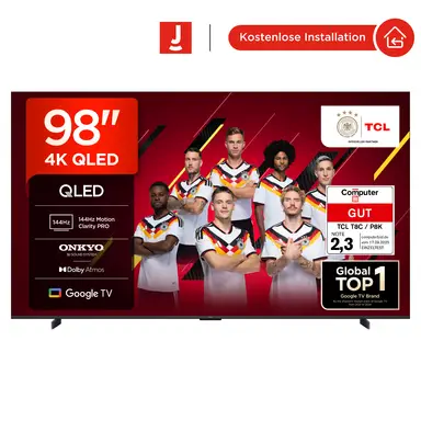 TCL 98T8C 98 Zoll QLED 4K HDR Ultra HD Fernseher, Smart TV mithilfe von Google TV (Dolby Vision Atmos, 144Hz Motion Clarity Pro, Game Bar, ALLM, FreeSync, Onkyo 2.1 Sound,Sprachsteuerung)