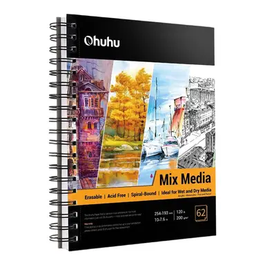 Ohuhu Mixed Media Sketchbook 10×7.6" (25.4×19.3cm) Portrait Format - 200gsm Spiral Bound, 124 Pages (62 Sheets) Acid-Free Paper for Watercolour, Acrylic, Pencils & Pastels, Wet & Dry Media