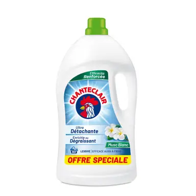 CHANTECLAIR Lessive liquide Ultra détachante enrichie au dégraissant au Musc Blanc 80 Lavages 3,6L