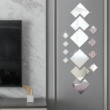 16pcs PVC mirror stickers, interlocking diamond-shaped mirror stickers, multi-piece pack of silver mirrors, self-adhesive high-definition living room mirror, entryway bathroom personalized artistic decorative mirror (1.7-9.5cm)