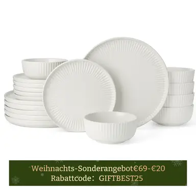 [Rabattcode: GIFTBEST25 €69-€20]  Richmount Starlight 18-tlg. Geschirrset für 6 Personen， Gerippter Rand Mattweiß， Reaktive Glasur， Für Alltag & Festliches Essen