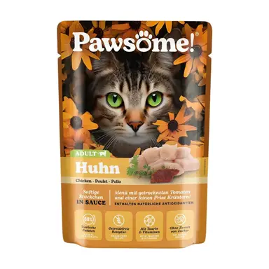 PAWSOME Katzen-Nassfutter Adult Huhn - 28 x 85g Beutel - Alleinfutter mit 88 % Fleisch, getreidefrei, ohne Zuckerzusatz