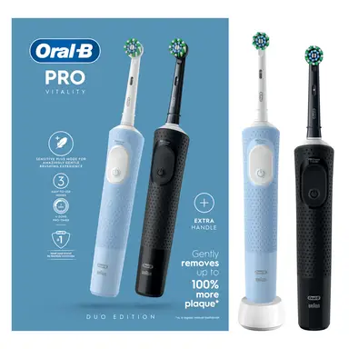 Oral-B Vitality Pro Adult Electric Toothbrushes, Duo Pack, 2 Toothbrush Heads, 3 Brushing Modes Including Sensitive Plus, 2 Pin UK Plug, Black & Blue