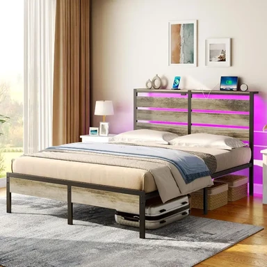 Rolanstar 160x200 cm LED headboard bed frame with power strips for charging functions Original Wood Color 160 cm×200 cm