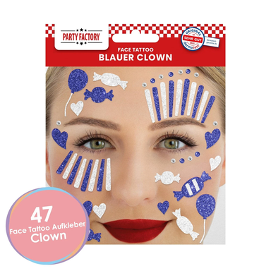 Face Tattoo blau/weißer Clown, temporäres Glitter Gesichtstattoo für Motto Party, Halloween & Karneval, Kinder & Erwachsene