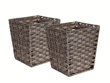 KEVAHOME SET OF 2 PP FAUX RATTAN WASTE BASKET-DARK BROWN 10x10x11"H