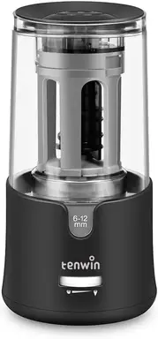 tenwin Electric Pencil Sharpener, AC Adapter Powered, with Container for 6-12mm Coloured Pencils, Auto Stop, for Artists, Kids, Office & School, Portable, Heavy Duty (Black)
