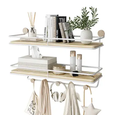 KAPANOU 2 Tier Floating Shelves with Coat Hooks Rail， Wall Mounted Natural Wood Grain Shelf for Bathroom， Bedroom， Living Room (White), New Year Sale , Top gift picks