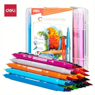 Deli Double-Tipped Watercolor Markers, Art Supplies, Assorted Colors,24-Color Set
