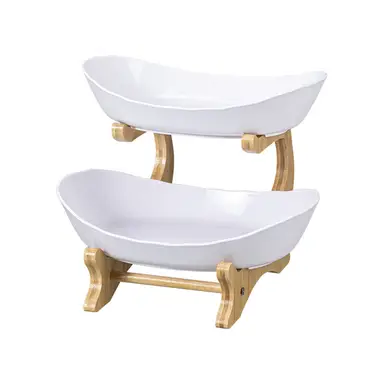 Plateau à Snacks Double Couche, Matière : Plateau en PP + Cadre en Bambou ; 1 Cadre (15×22cm) + 1 Plateau (17×25×5,5cm) + 1 Plateau (18×26,5×6cm) ; Couleur : Blanc