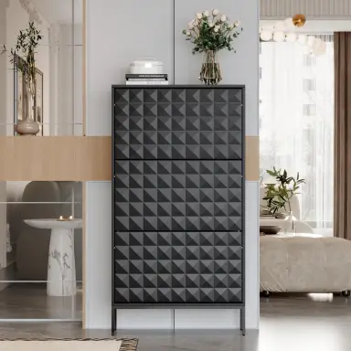 Caldion Schmaler Schuhschrank, Schuhregal mit 3 Türen, montierte Schuhaufbewahrung und Wandmontage (Schwarz, 3 Türen) Light-Luxury-Stil, 131.3 x 23.6 x 68 cm, MDF.
