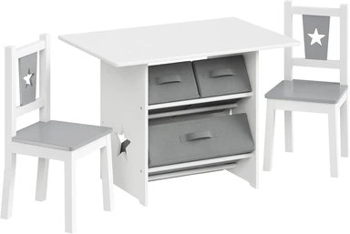 Woltu Kinderspieltisch aus Holz mit Schubladen und 2 Stühlen, multifunktionaler Tisch für Kinderzimmer, Aktivitätsset