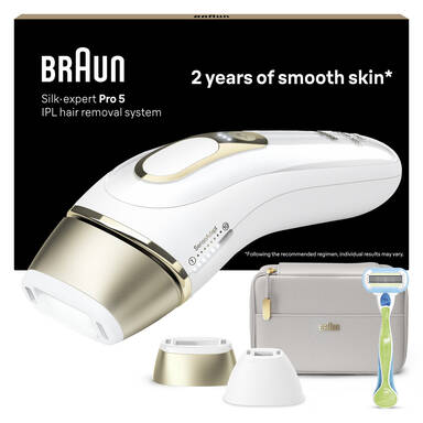 Braun IPL Silk-Expert Pro 5 PL5124, At Home Hair Removal Device with Pouch and 2 attachments, White/Gold