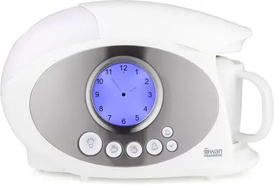 Swan Teasmade Kettle with LCD Analogue Clock, Teapot, Built-in Alarm, Reading Light, Rapid Boil, 600ml, 850W, White - STM200N