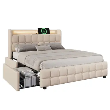 Gestoffeerd bed met USB-oplaadfunctie hoofdbord en ledverlichting en lades, opbergbedden bedframe Beige 140 x 200 cm