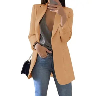 Women's Casual Blazers Open Front Long Sleeve Lapel Collar Work Office Jacket (Khaki, L)