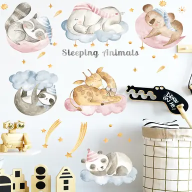 Super Cute Animals Tree Panda Koala Otter Deer Bear Monkey Peel and Stick Wall Sticker,Cloud Animals