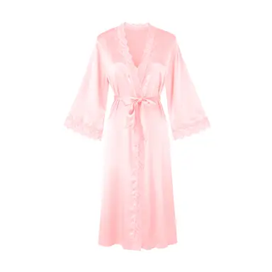 long-sleeved pink silk-like bathrobe  M