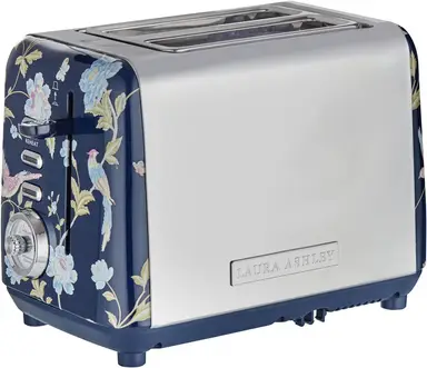 VQ Laura Ashley Retro 2 Slice Toaster, Warming Rack, Wide Slots, Hand-Applied Elveden Navy Print, Vintage, Stainless Steel, Blue Floral - VQSBT582BSUK