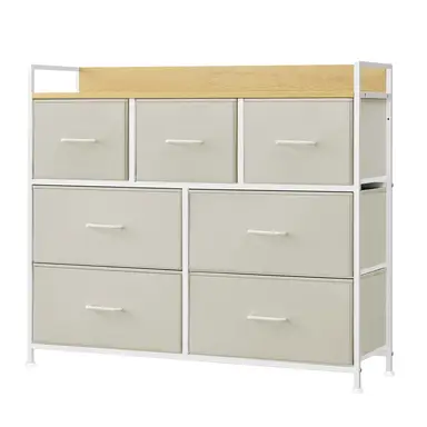 Ochama x SONGMICS Chest of Drawers, Dresser, Bedroom Furniture, Metal Frame, 7 Drawers, Modern, White and Beige