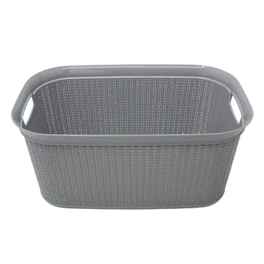 JVL Knit Design Loop Plastic Rectangular Linen Laundry Basket with Handles – Grey