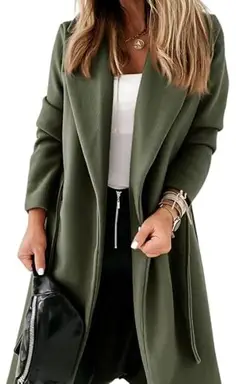 Women's Classic Coat Lapel Collar Open Front Belted Long Jacket (militarygreen, S)