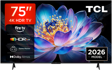 TCL 75V6D 75 inch 4K HDR-beeld, Fire TV, HDR10+, Dolby Atmos, DTS:X, Game Master, Motion Clarity, AirPlay 2, Druk op de knop en vraag aan Alexa