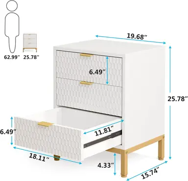 Tribesigns Moderne Nachtkastje, 65,5 cm Hoge Bedside Table met 3 Lades, Hedendaags Einde Zijtafel met Opslagruimte voor Slaapkamer, Woonkamer, Wit en Goud (1 Verpakking)