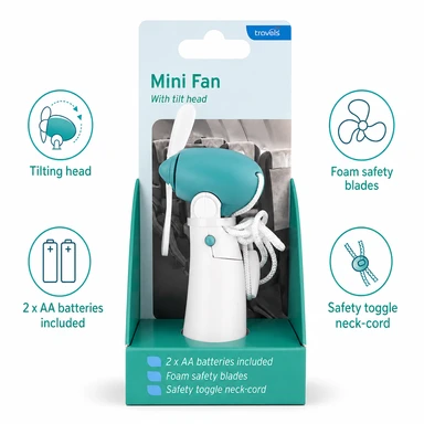 Handheld Fan - Misty Blue, Tilting Head, Safety Blade