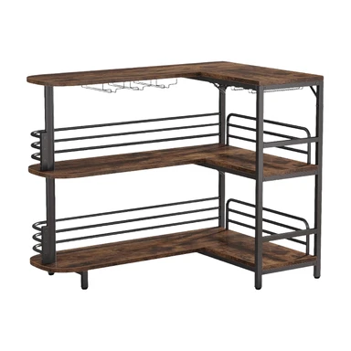 Tribesigns L-förmiger Bartisch, 3-stufiger Bistro-Tisch mit Regal, Weinregal und Glashalter, industrieller Eck-Küchentisch für Wohnzimmer, Küche, im Industrie-Design, rustikal Braun