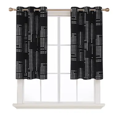 Deconovo Blackout Silver Foil Print Small Check 6 White Grommet No Tie Curtain, 2Pcs W97xL214 Black