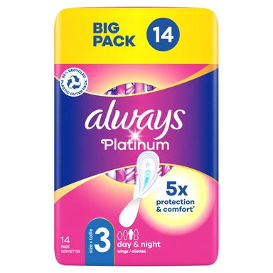 Always Platinum Day & Night  Sanitary Towels With Wings Size 3 14 Pads