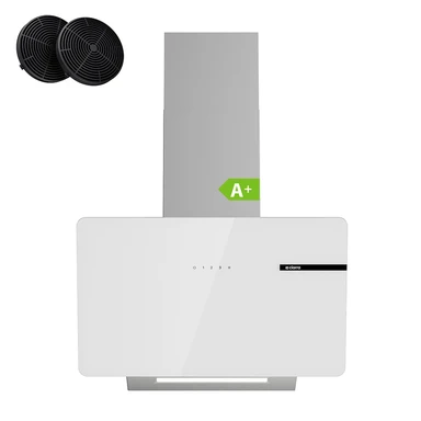 Ciarra 60 cm Hotte murale inclinée, débit d'air 580 m³/h, classe énergétique A+, 3 vitesses à commandes tactiles, évacuation et recyclage, verre blanc avec éclairage LED CBCS6765B