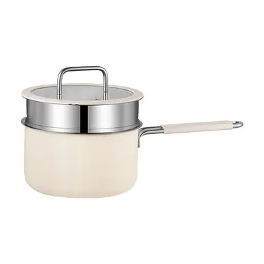 PURECOOK Colored Ceramic-Coated 316 Stainless Steel 2-Piece Milk Pot with Steamer Insert Series | 316 Milk Pot (Exterior: Off-White Ceramic Coating, Interior: 316 Stainless Steel), Stainless Steel Handle Wrapped in Silicone, Earless Steamer Insert, with Silicone Glass Lid