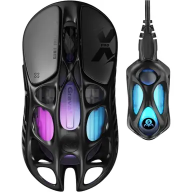 GravaStar Mercury X Pro, souris de jeu sans fil 49 g, avec dongle 8K, capteur PAW 3950 32 000 dpi, taux d'échantillonnage 8 000 Hz, en alliage de magnésium au design ajouré, éclairage RGB, 5 boutons programmables - Noir