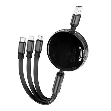 HOCO 3-in-1 Retractable Charging Cable - USB-A to Lightning/ USB-C/ Micro-USB - 1M - Black